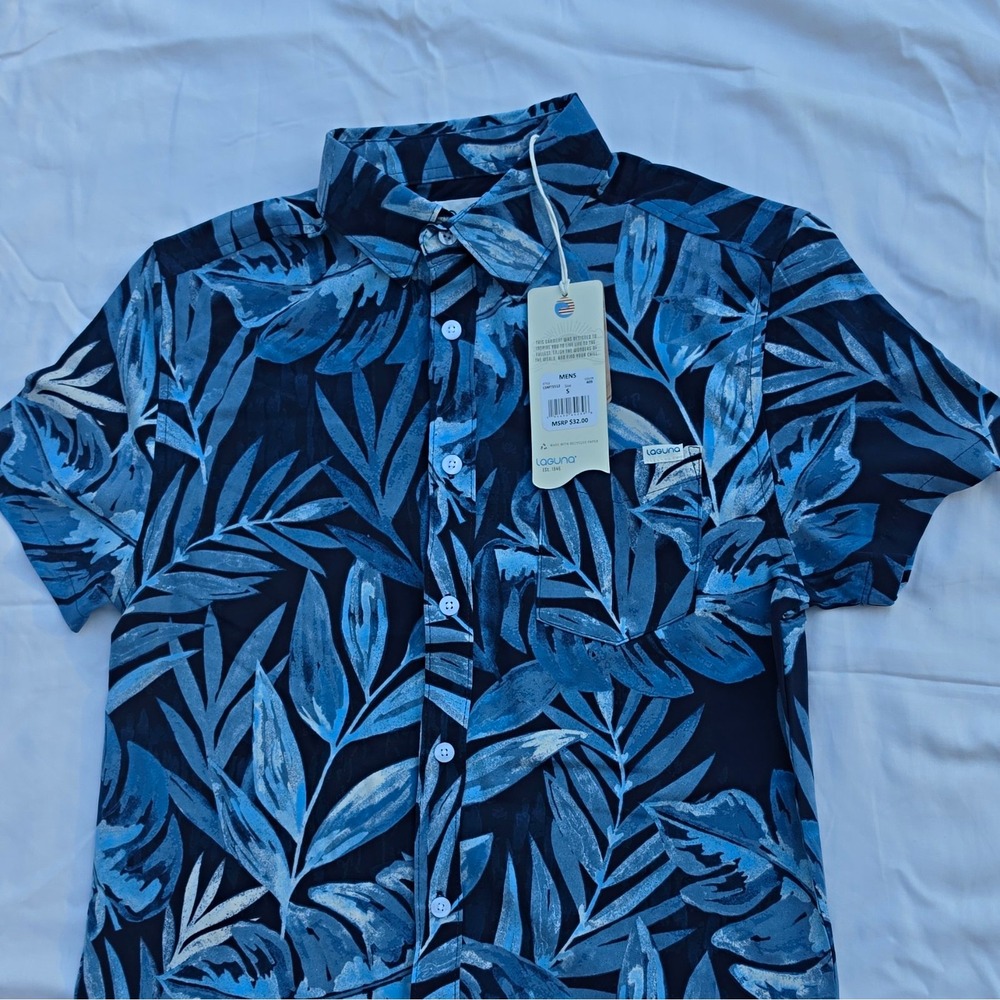 Laguna Men's Woven Polyester/Spandex SS Button-Up Shirt Floral S Blue #247